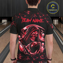 Load image into Gallery viewer, Man wearing custom red grim reaper lightning bowling polo shirt back view.