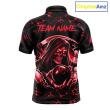 Load image into Gallery viewer, Custom red grim reaper lightning bowling team jersey polo shirt for men, skull bowling league apparel with bold lightning graphics.