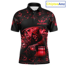 Load image into Gallery viewer, Custom red grim reaper lightning bowling team jersey polo shirt for men, skull bowling league apparel with bold lightning graphics.