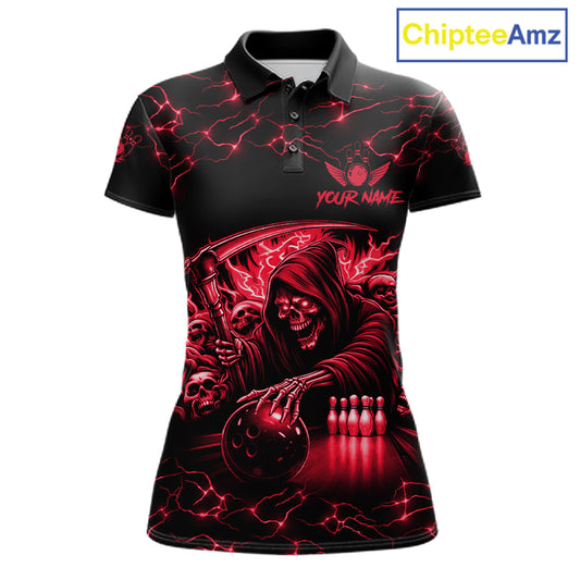 Custom red grim reaper lightning bowling team jersey polo shirt for women, skull bowling league apparel with bold lightning graphics.
