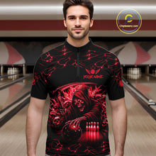 Load image into Gallery viewer, Man wearing custom red grim reaper lightning bowling quarter zip shirt front view.