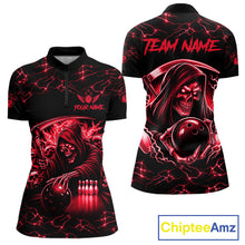 Load image into Gallery viewer, Custom red grim reaper lightning bowling team quarter zip shirt for women, skull bowling league jersey with lightning design.
