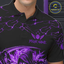 Load image into Gallery viewer, Close-up of the collar, buttons and chest detail on the custom purple grim reaper lightning bowling polo shirt for men.
