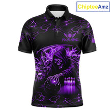 Load image into Gallery viewer, Custom purple grim reaper lightning bowling team jersey polo shirt for men, skull bowling league apparel with bold lightning graphics.
