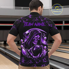 Load image into Gallery viewer, Man wearing custom purple grim reaper lightning bowling quarter zip shirt back view.