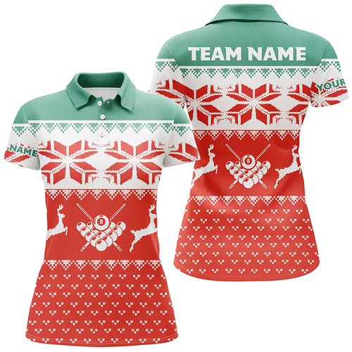 Personalized Red Women Christmas Shirts Custom Full Printing Funny Billiard Christmas Polo Shirts TDM0524