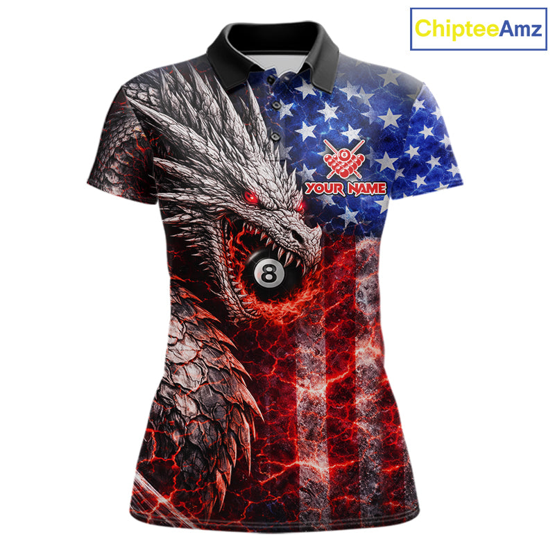 American Flag Dragon 8 Ball Billiard Shirt For Women Custom Lightning Pool Team Jersey Polo, 1/4 Zip TDM6034