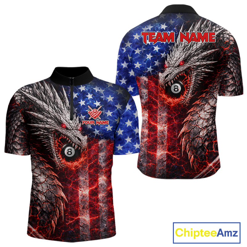 American Flag Dragon 8 Ball Billiard Shirt For Men Custom Lightning Pool Team Jersey Polo, 1/4 Zip TDM6034