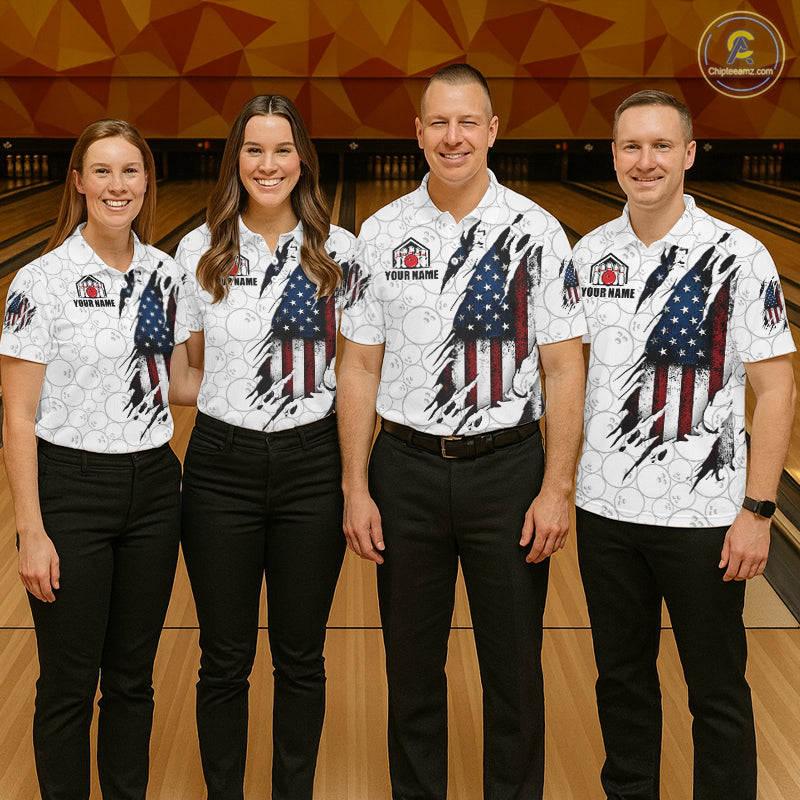 Bowling team wearing matching vintage American flag white bowling jerseys during tournament matches front view.