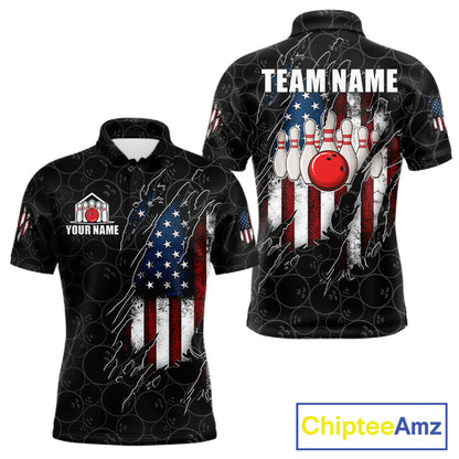 Vintage American flag black bowling polo shirt for men with patriotic team graphics.