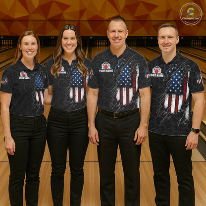 Bowling team wearing matching vintage American flag black bowling jerseys during league competition front view.