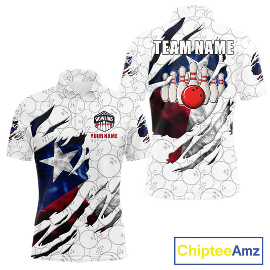 Smoke Texas flag white bowling polo shirt for men with patriotic bowling team graphics.