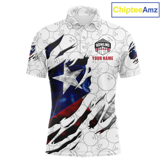 Smoke Texas flag white bowling polo shirt for men with patriotic bowling team graphics.