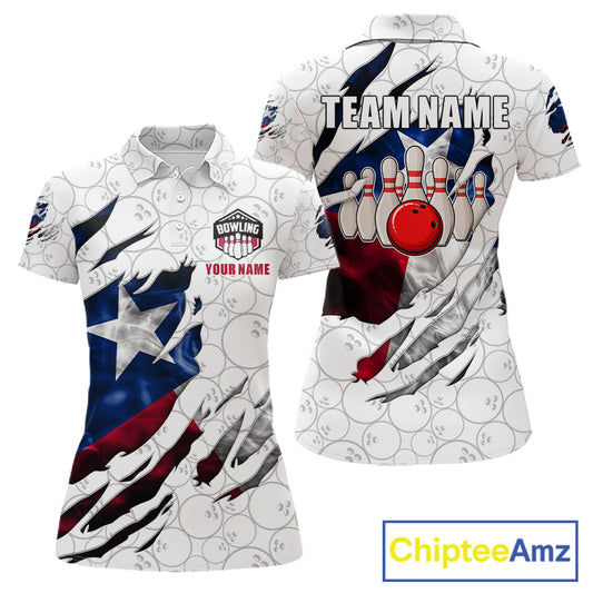 Smoke Texas flag white bowling polo shirt for women with patriotic bowling team graphics.