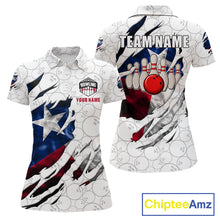 Load image into Gallery viewer, Smoke Texas flag white bowling polo shirt for women with patriotic bowling team graphics.