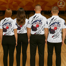 Load image into Gallery viewer, Back view of bowling team wearing matching Texas flag bowling shirts in a bowling alley.
