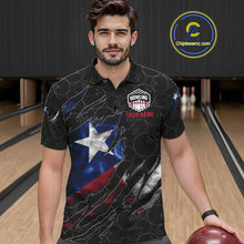 Load image into Gallery viewer, Man wearing a smoke Texas flag black bowling polo shirt at a bowling alley front view.
