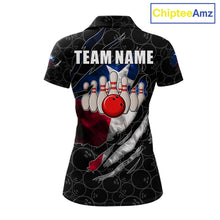 Load image into Gallery viewer, Smoke Texas flag black bowling polo shirt for women with patriotic bowling team graphics.