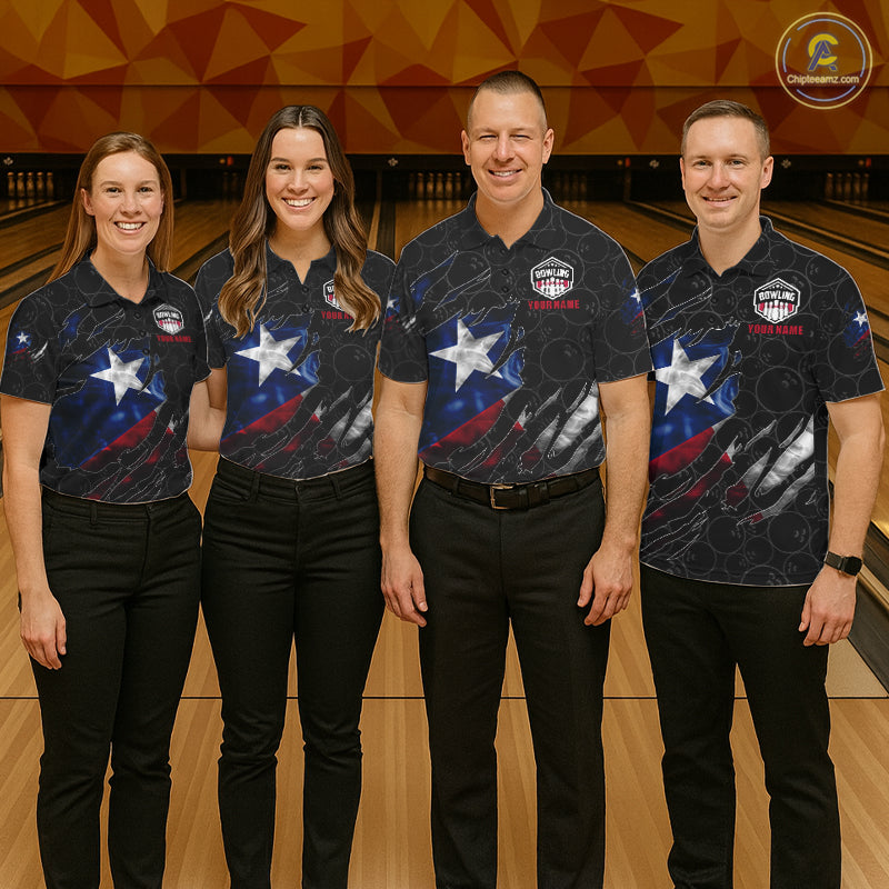 Bowling team wearing matching smoke Texas flag black bowling jerseys during tournament matches front view.