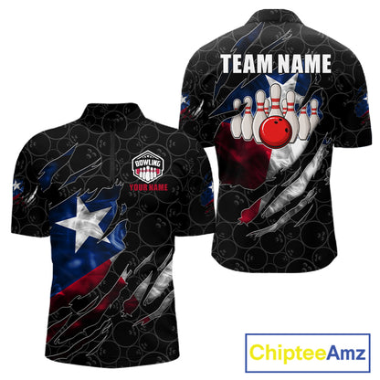 Smoke Texas flag black bowling quarter zip shirt for men built for tournaments and league play.