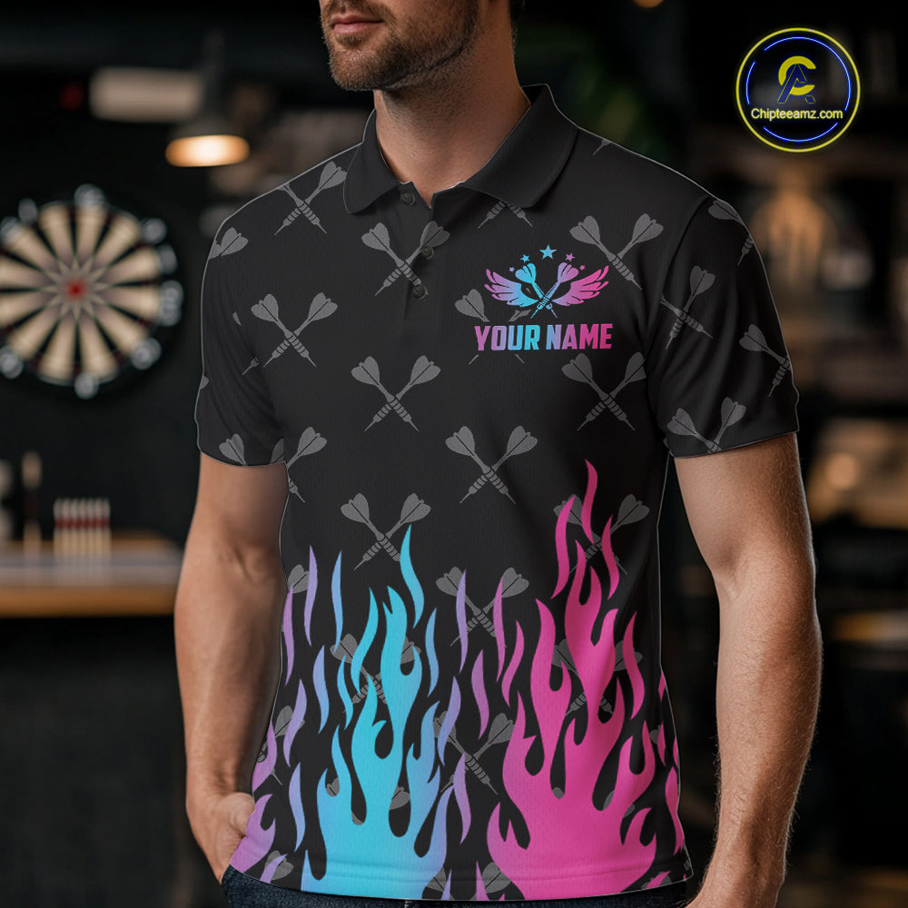 Man wearing a dartboard neon fire flame darts jersey at a darts venue front view.