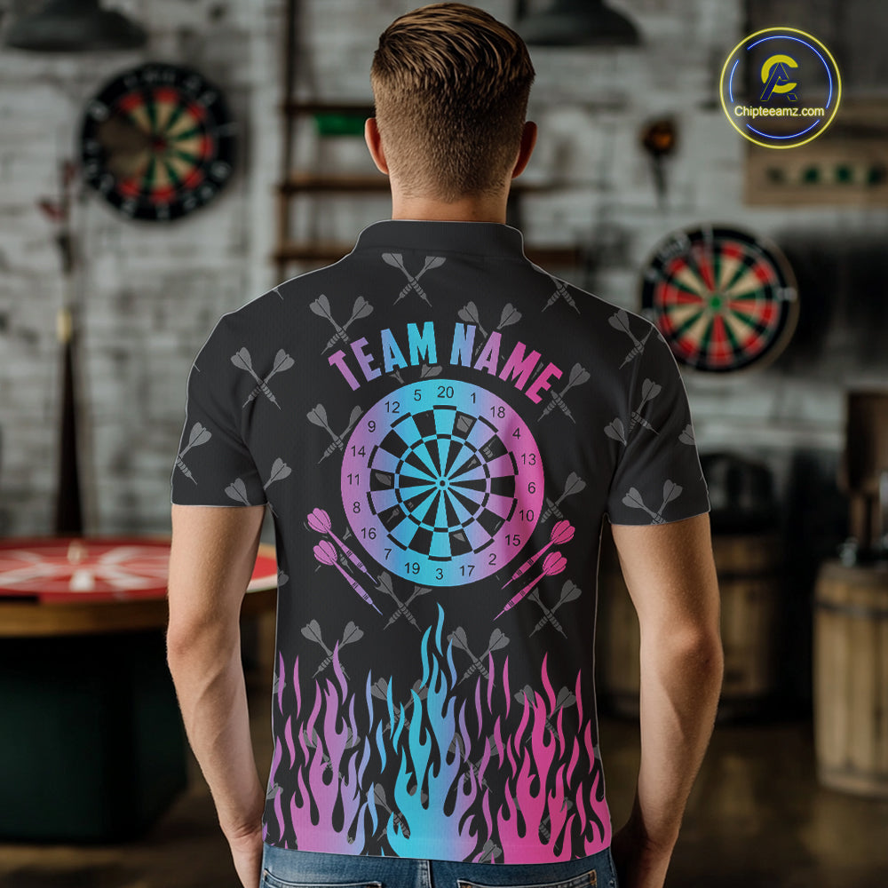 Back view of man wearing a dartboard neon fire flame darts shirt during league competition.