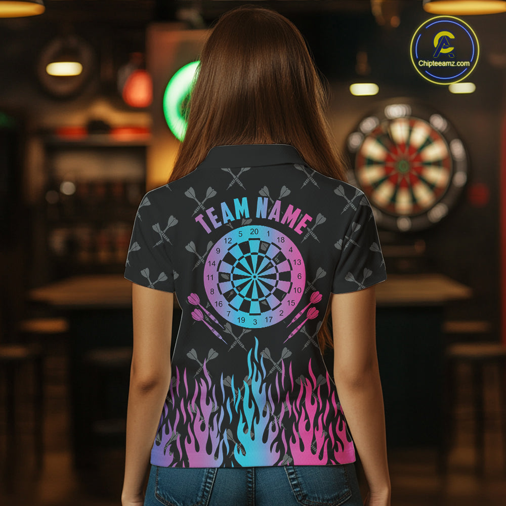 Back view of woman wearing a dartboard neon fire flame darts shirt during league competition.