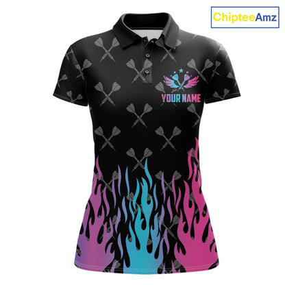 Dartboard neon fire flame darts polo shirt for women with custom darts team graphics.