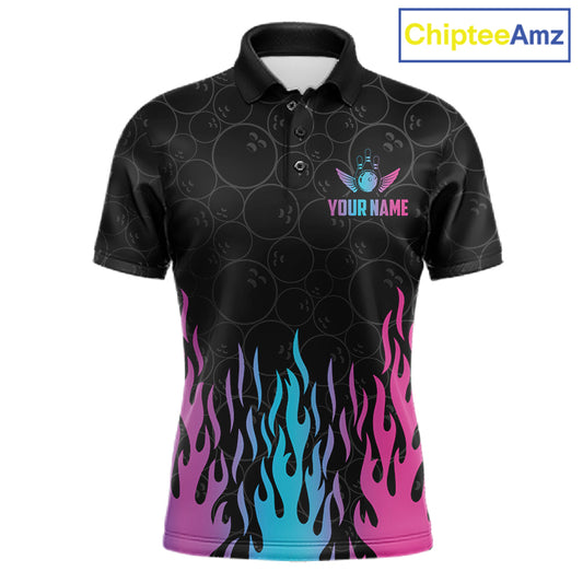 Fire flame neon bowling polo shirt for men with colorful custom team graphics.