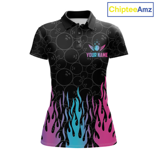 Fire flame neon bowling polo shirt for women with colorful custom team graphics.