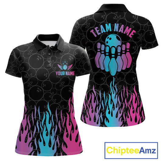 Fire flame neon bowling polo shirt for women with colorful custom team graphics.