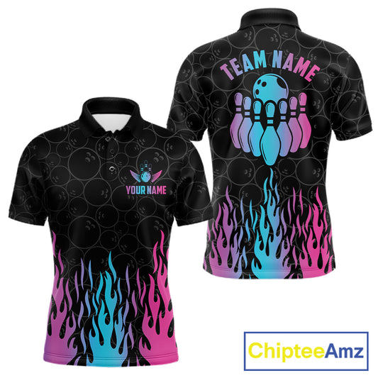 Fire flame neon bowling polo shirt for men with colorful custom team graphics.