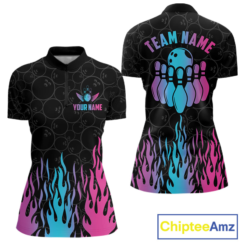 Fire flame neon bowling quarter zip shirt for women designed for league tournaments and team events.