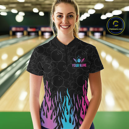 Woman wearing a fire flame neon bowling quarter zip jersey during league competition front view.