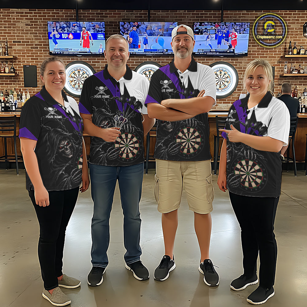 Personalized Grim Reaper Chain Darts Shirts For Women Custom Skull Darts League Team Jersey | Purple TDM7185