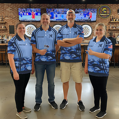 Vintage Blue Camo Darts Polo & Quarter Zip Custom Dart Shirts For Women, Camouflage Dart Team Jersey TDM7192