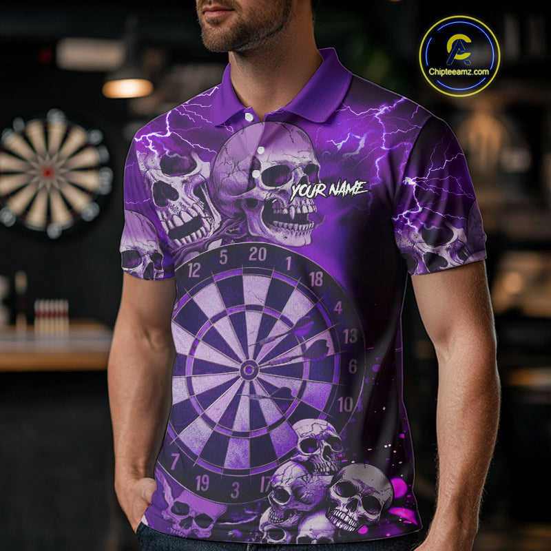 Purple Funny Skull Lightning Darts Shirt For Men Custom Darts Team Jersey Polo & Quarter Zip TDM4979