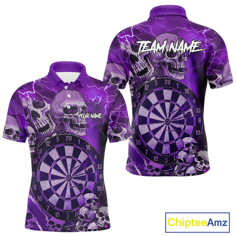 Purple Funny Skull Lightning Darts Shirt For Men Custom Darts Team Jersey Polo & Quarter Zip TDM4979