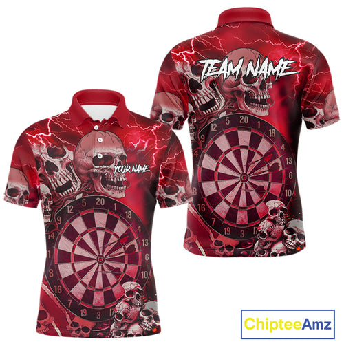 Red Funny Skull Lightning Darts Shirt For Men Custom Darts Team Jersey Polo & Quarter Zip TDM4981