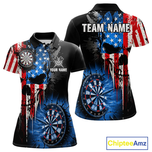 Patriotic American Flag Grunge Skull Womens Dart Shirts Custom Dart Jerseys Team Polo & 1/4 Zip TDM5171