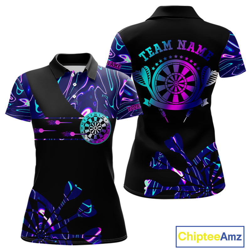 Neon Purple Blue Holographic Womens Dart Shirts Custom Glowing Dart Jersey Team Polo & Quarter Zip TDM5173