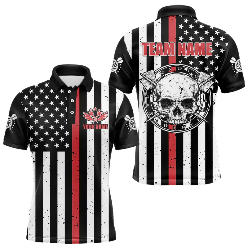 Personalized American Flag Grunge Skull Dart Shirts For Men Custom Patriotic Darts Jerseys | Red TDM3400