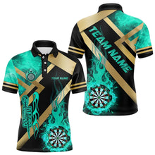 Load image into Gallery viewer, Personalized Gold And Turquoise Dartboard Fire Flame Custom Dart Shirts For Men, Darts Team Jerseys TDM3402