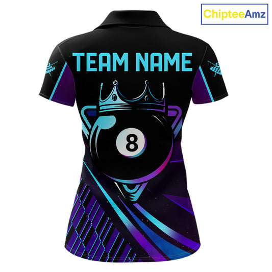 Custom Purple And Turquoise 8 Ball Crown Billiard Shirt For Women, Pool Team Jersey Polo & 1/4 Zip TDM5905