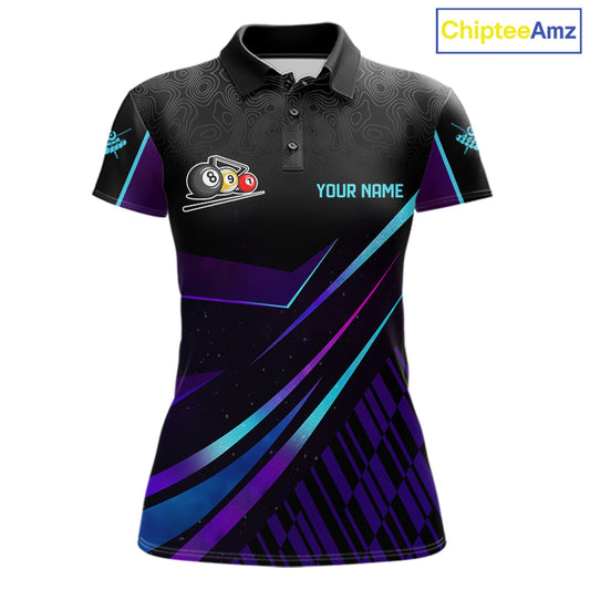 Custom Purple And Turquoise 8 Ball Crown Billiard Shirt For Women, Pool Team Jersey Polo & 1/4 Zip TDM5905