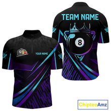 Load image into Gallery viewer, Custom Purple And Turquoise 8 Ball Crown Billiard Shirt For Men, Pool Team Jersey Polo &amp; 1/4 Zip TDM5905