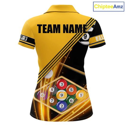 Personalized Yellow Black 9 Ball Pool Billiard Shirt For Women, Billiard Team Jersey Polo & 1/4 Zip TDM5906