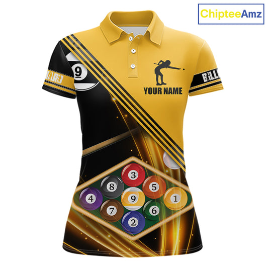 Personalized Yellow Black 9 Ball Pool Billiard Shirt For Women, Billiard Team Jersey Polo & 1/4 Zip TDM5906