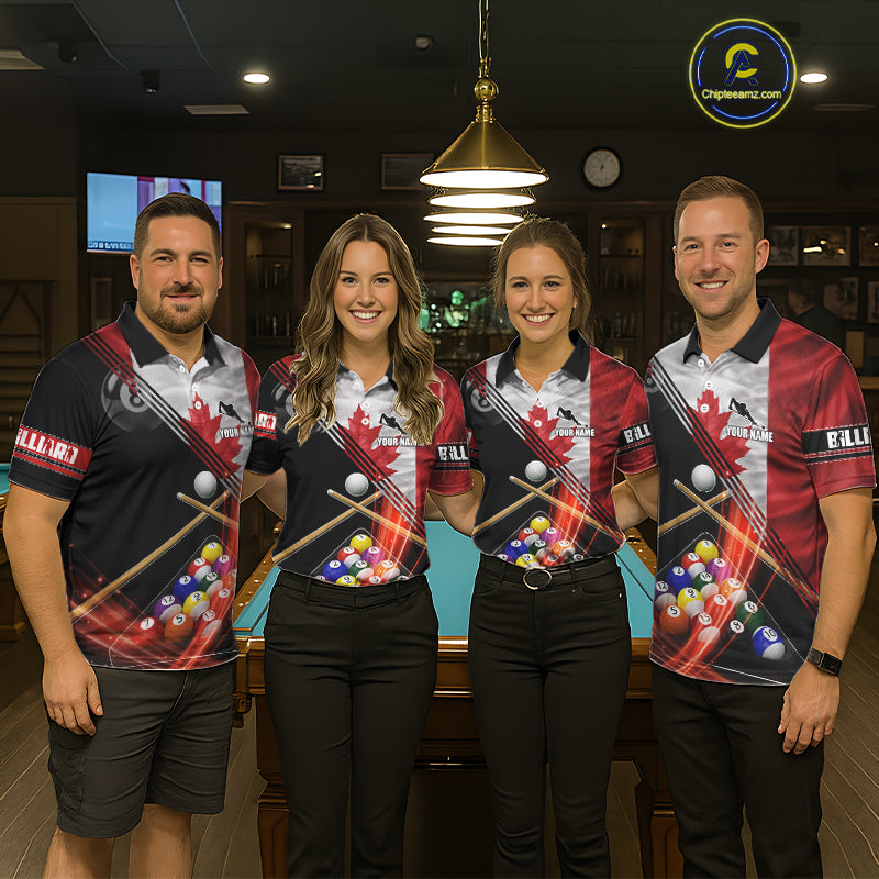 Canada Flag Custom Billiard Polo & 1/4 Zip Shirt For Men, Patriotic 8 Ball Pool Team Jersey TDM6045