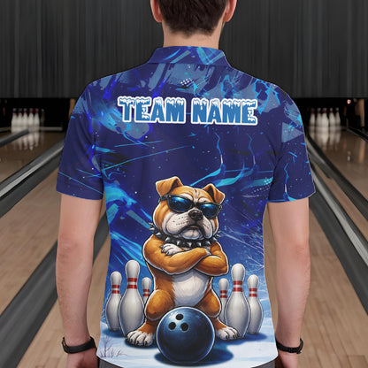 Personalized Blue Funny Bulldog Bowling Shirt For Men Custom Bowling Team Jersey Polo & 1/4 Zip TDM6480